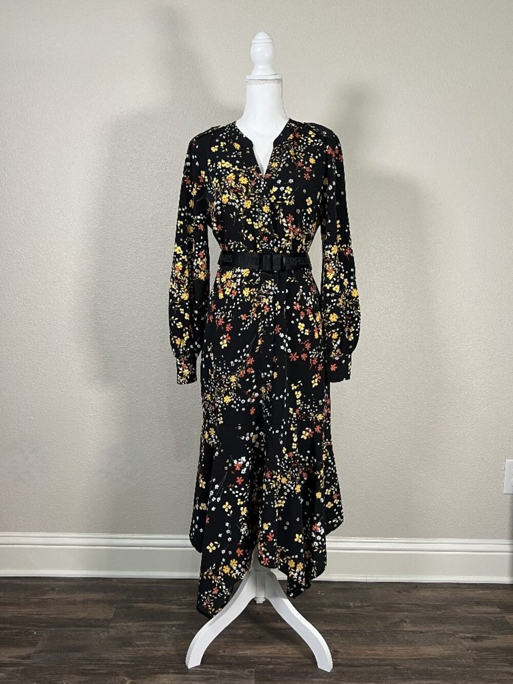 Karl Lagerfeld Paris Black Floral Belted Long Sleeve Tailored Fitted Dress Sz 10